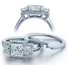 two engagement rings with princess cut diamonds on them