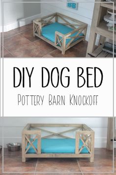 the diy dog bed is made from wood and has blue cushions