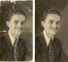 an old black and white photo of a young man in a suit smiling at the camera