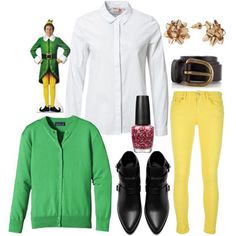 a woman's green and yellow outfit with black shoes, white shirt and jacket