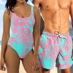 His Hers Matching One-Piece Swimsuit - Tropical Pink Sea Blue one piece swimsuit Berry Jane™ Matching Swimsuits For Couples, Couples Swimwear, Honeymoon Swimwear, Pool Wear, Tankini With Shorts, Men Faces, Pink Sea, Swimsuits Outfits