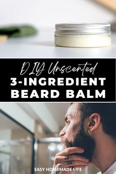 Unscented beard balm is an easy DIY recipe you can make for taming and moisturizing unruly beards. It’s quick and easy with only 3 ingredients: beeswax, coconut oil, and shea butter. Beeswax Beard Balm Recipe, Beard Balm Diy Recipes With Coconut Oil, Coconut Oil Beard Oil Recipe, Beard Balm Tallow Recipe, Beard Balm Diy Recipes, Beard Wash Recipe, Homemade Beard Balm, Beard Balm Recipe, Beard Oil Recipe Diy