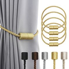 four different types of curtains with ropes attached to them