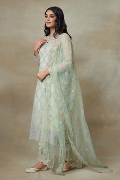 Mint silk organza kurta with resham floral patterns and sequins highlighted in diamond shaped golden artwork. Comes with embroidered hem pant, dupatta and an inner slip. - Aza Fashions Golden Artwork, Organza Kurta, Kurta Pant Set, Embroidered Hem, How To Hem Pants, Kurta With Pants, Silk Organza, Diamond Shaped, Green Silk