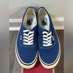 Worn Only One Time. Practically New In Box. Step Up Your Sneaker Game With These Deadstock Vans Authentic 44 Dx - Anaheim Factory Og Blue Shoes. These Sneakers Are Perfect For Men Who Want To Add A Touch Of Style To Their Outfit. With A Us Shoe Size Of 11.5, These Shoes Are Made With Synthetic Upper Material And Are Perfect For Any Lifestyle Activity. The Vans Authentic 44 Dx - Anaheim Factory Og Blue Shoes Come In A Stylish Blue Color And Were Manufactured In 2018. The Product Line Is Perfect F Navy Comfortable Sneakers With Round Toe, Classic Blue Skate Shoes With Rubber Sole, Comfortable Navy Sneakers With Round Toe, Casual Blue Canvas Skate Shoes, Vans Low-top Canvas Shoes With Cushioned Footbed, Classic Blue Sneakers With Vulcanized Sole, Blue Vans Canvas Shoes For Streetwear, Blue Sporty Canvas Shoes With Contrast Sole, Navy Low-top Casual Skate Shoes