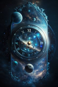 an image of a clock in space with planets around it and stars on the background