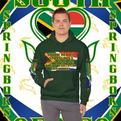 CHECK OUT MY STORE FOR THE LATEST WORLD RUGBY HOODIES MADE AND MANUFACTURED IN THE USA. RANGE OF COLOURS and SIZES. South African Hoodie Sweatshirt, Springboks, Rugby World champions hoodie, Springbok hoodie, pullover, winter gift,  unisex heavy blend hooded sweatshirt is relaxation itself. Made with a thick blend of cotton and polyester, it feels plush, soft and warm, a perfect choice for any cold day. In the front, the spacious kangaroo pocket adds daily practicality while the hood's drawstring is the same color as the base sweater for extra style points. .: Made with a medium-heavy fabric (8.0 oz/yd² (271 g/m that consists of 50% cotton and 50% polyester for that cozy feel and warmth you need in a hoodie. .: The classic fit along with the pouch pocket and the tear-away label make for a Springboks Rugby, Jumper Ideas, World Cup Champions, Rugby World Cup, Champion Hoodie, Hoodie Pullover, Winter Gift, The Pouch, South African