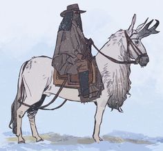 a drawing of a man riding on the back of a white horse in the snow