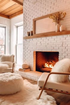 a living room filled with furniture and a fire place in the middle of a fireplace