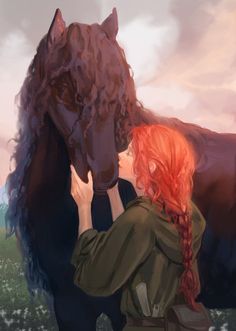 a woman is petting a horse in front of a sky with clouds and grass