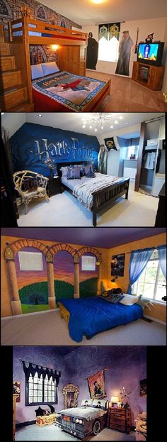 three different pictures of a bedroom with furniture and decorations on the walls, along with an image of harry potter's bed