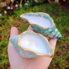 two blue and white shells sitting on top of each other in someone's hand