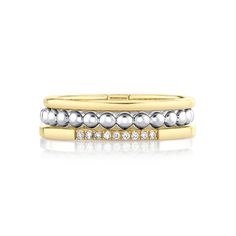 Add timeless design to your everyday with this hinged stack that delivers everything at once. Three individual bands in solid sterling silver and solid 14k gold combine with classic white diamonds in a mix that delivers understated shine. These bands are connected at the back with a hinge allowing delicate and flowing movement between the individual bands. Double Band Stackable Everyday Bands, Everyday Double Band Stackable Bands, White Gold Double Band Stackable Promise Rings, White Gold Double Band Stackable Rings For Anniversary, Anniversary White Gold Stackable Double Band Rings, Modern Stackable Yellow Gold Rings, Everyday Stackable White Gold Rings With Diamond Accents, Everyday Stackable Rings In White Gold With Diamond Accents, White Gold Double Band Stackable Rings With Polished Finish