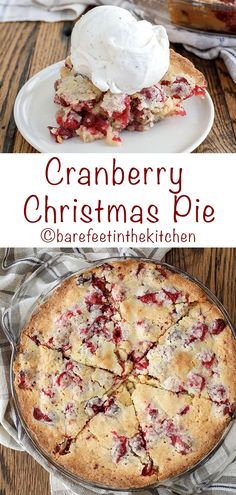 cranberry christmas pie with whipped cream on top and in the background, there are two plates