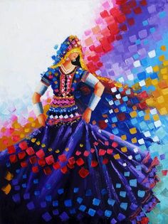 a painting of a woman in a colorful dress