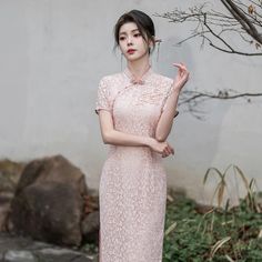 Floral embroidery, lace pink midi Cheongsam#qipaodress #chinesedress#cheongsamdress Elegant Long Cheongsam For Summer, Elegant Long Summer Cheongsam, Elegant Spring Ao Dai With Stand Collar, Elegant Ao Dai With Stand Collar For Spring, Elegant Long Ao Dai For Summer, Elegant Full-length Ao Dai For Summer, Elegant Long Fitted Cheongsam, Qipao Modern, Black Cheongsam