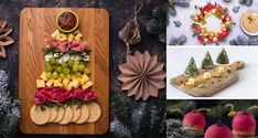 several different types of food are arranged on wooden boards and decorated with pine cones, grapes, apples, pears, strawberries