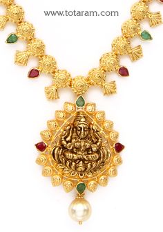 22 Karat Gold 'Lakshmi' Necklace with Ruby, Emerald & South Sea Pearl (Temple Jewellery)  - 235-GN4160 - in 19.500 Grams for USD $1672.77. 
Made in India by Totaram Jewelers Online this product is in Gold - 22 Karat BIS Hallmark 916 KDM Gold  & is an excellent gift for Adult - Women. Ships fully insured with secured guaranteed delivery for free with your order over $250 from New Jersey USA & comes with 30 days exchange policy. 22k Gold Temple Jewelry Emerald Necklace For Celebration, Yellow Gold Temple Necklace With 17 Jewels For Diwali, 22k Gold Emerald Necklace For Gift In Temple Style, Temple Style 22k Gold Emerald Necklace Gift, 22k Gold Emerald Necklace Temple Jewelry Style, 22k Gold Emerald Necklace Temple Jewelry Gift, 22k Gold Emerald Temple Necklace For Festive Occasions, Emerald Necklace In 22k Gold For Festivals, Festive Emerald Necklace In 22k Gold