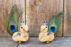 two small wooden birds with blue eyes and feathers on their heads, sitting next to each other