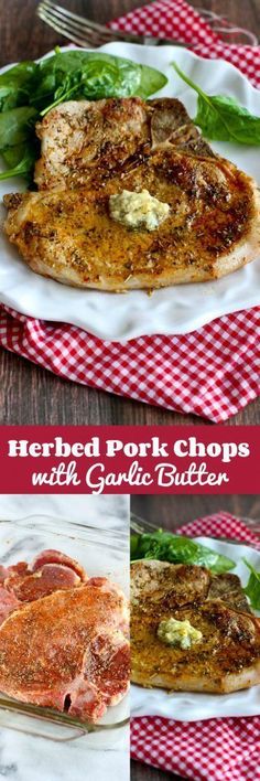 pork chops with garlic butter on a white plate and red checkered table cloth