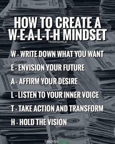 stacks of money with the words how to create a we - at - h mindset