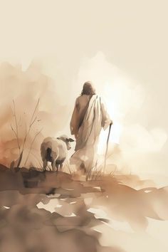 an image of jesus walking with his sheep in the field and watercolor painting style