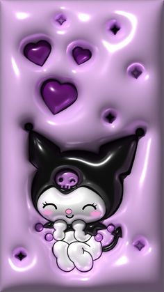 a purple and black cat with hearts in the background