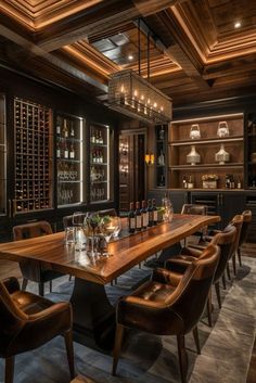 a large wooden table surrounded by brown leather chairs and bottles of wine on the shelves