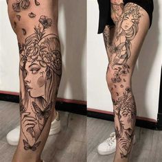 two pictures of the same woman's legs with different tattoos on each one leg