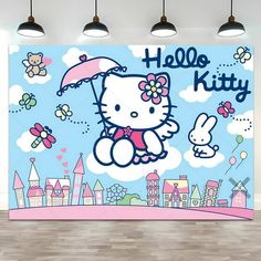 a hello kitty wall hanging in a room