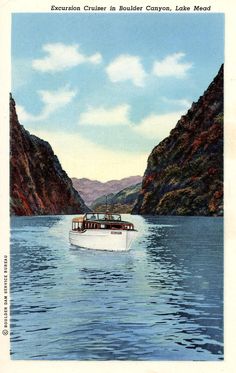 an image of a boat on the water in front of mountains and hills with clouds