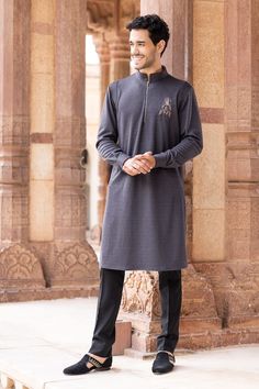 Grey kurta embellished with brooch and beads hand embroidery. - Aza Fashions Beads Hand Embroidery, Beads For Men, Grey Kurta, Embroidered Beads, Kurta Patterns, Aza Fashion, Hand Embroidered, Hand Embroidery, Types Of Sleeves