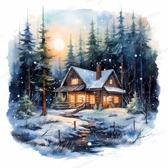 a painting of a cabin in the woods with snow and trees around it, at night