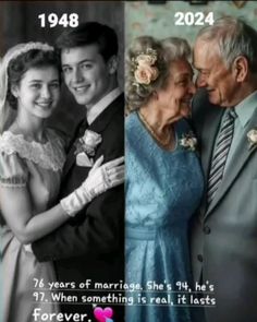 an older man and woman posing for pictures with the same image on their wedding day