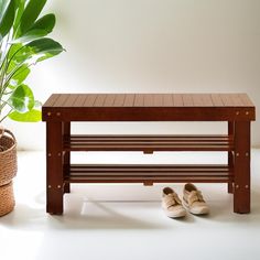 a wooden bench next to a potted plant with shoes on the ground in front of it