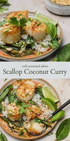 two plates with scallop and coconut curry on them, one is topped with spinach