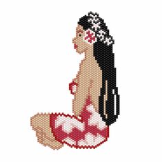 a cross stitch pattern of a woman in red and white swimsuit sitting on the ground