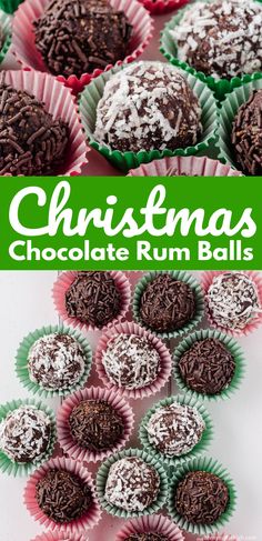 christmas chocolate rum balls with coconut sprinkles in the middle and on top