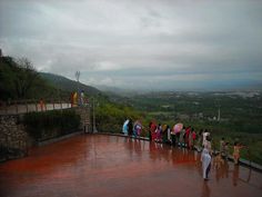 a group of people standing on top of a hill next to a lush green valley