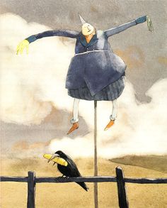 a drawing of a woman on top of a pole next to a bird