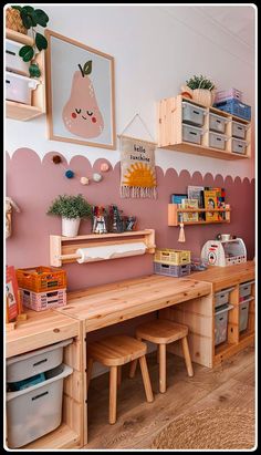 a room with wooden shelves and various items on the wall, along with other storage bins