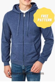 a man wearing a blue hoodie with the text free pattern