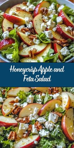 a salad with apples, cheese and pecans on top is shown in two different pictures