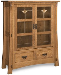 a wooden cabinet with glass doors and drawers