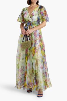 BADGLEY MISCHKA Wrap-effect floral-print silk-organza maxi dress | THE OUTNET Organza Gown, Badgley Mischka Dress, Organza Gowns, Tulle Maxi Dress, Printed Gowns, Maxi Dress Sale, Ink Clothes, Dress For Woman, Leaf Green