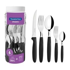 a set of six forks and spoons in a plastic container next to each other