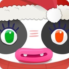 the face of a cow wearing a santa hat with big green eyes and pink nose