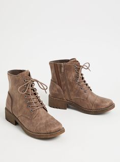 Opt for comfort and style in our minimalistic combat boot that has a brushed faux leather finish, side zipper closure and an adjustable lace-up front. Our unique fit gives you extra wide width and extra room around your whole foot. EXTRA WIDE WIDTH (WW). Almond toe. Side zipper. Lace-up front. Side stretch goring. Lug sole. 1” heel. Extra cushioned footbed; textured outsole. Man-made material. Imported wide width shoes. The best plus size women's brushed combat bootie (ww) boots in taupe made of oilsuede. Rock your look from Torrid to Festivals like Coachella and Lollapalooza, a concert, a show, or just for fun! Torrid is your destination for cozy fall and winter clothes to keep you warm and comfortable. Womens Brown Ankle Boots, Unique Fits, Wide Width Shoes, Leather Finish, Combat Boot, Brown Ankle Boots, Shopping Day, Lace Up Ankle Boots, Lug Sole