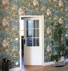 a door is open in front of a wallpapered room with a potted plant