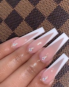 Long French Tip With Rhinestones, V French Tip Nails With Rhinestones, Bougie Nails Acrylic, Deep V French Tip Nails, French Nails With Rhinestones, French Tips With Rhinestones, V French Tip Nails, Ombre Nails With Rhinestones, Nails Tapered Square